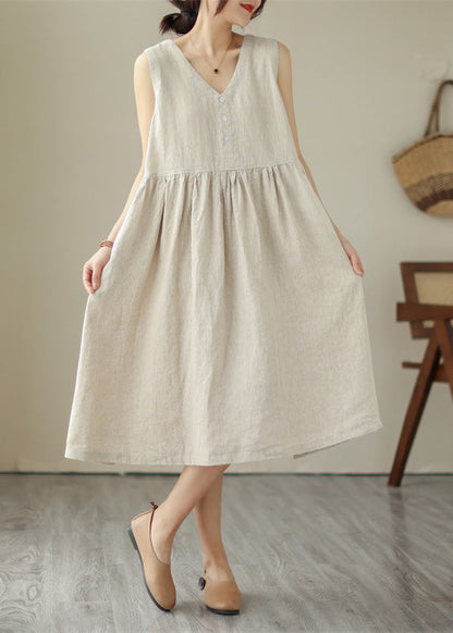 Beige O-neck Cotton Long Dress Sleeveless