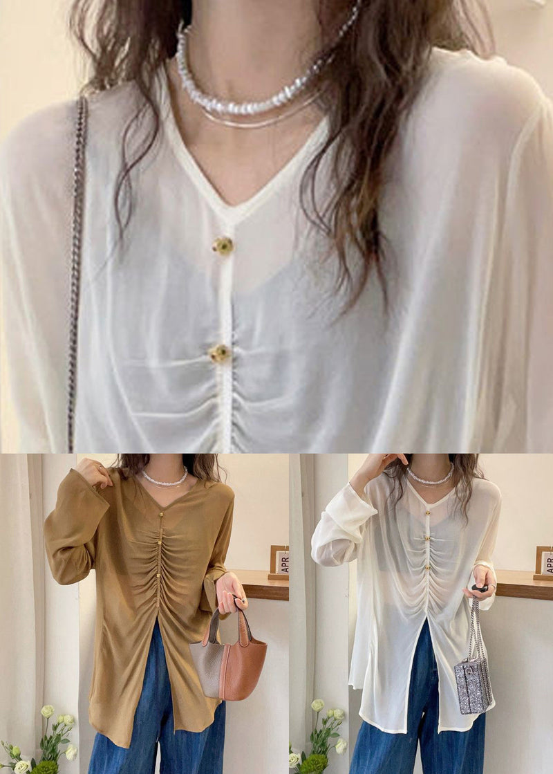 Khaki Front Open Cotton Fall Blouses V Neck