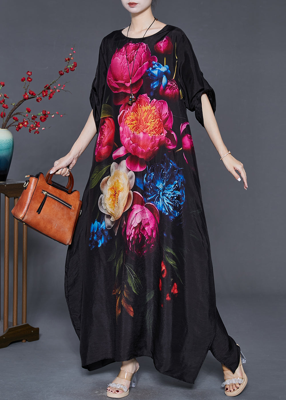 Red Oversized Silk Maxi Dress Spring