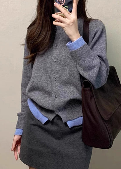 Grey O Neck False Two Pieces Knit Cardigan Spring