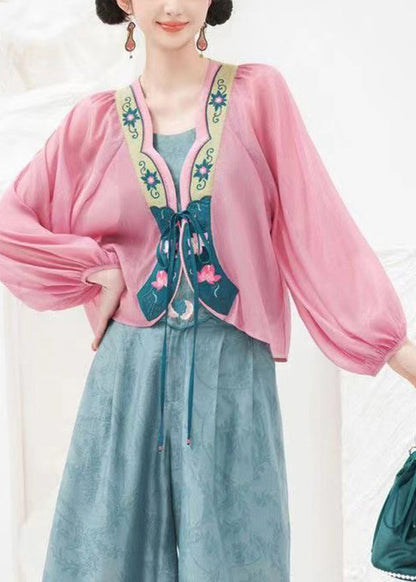 Original Design Pink Print Lace Up Chiffon Cardigans Lantern Sleeve