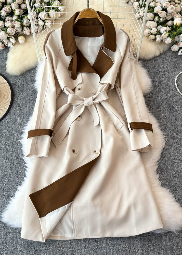 Beige Notched Pockets Button Tie Waist Long Trench Coats Spring
