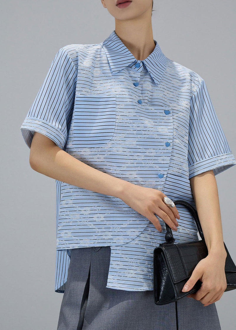 Blue Asymmetrical Design Striped Cotton Blouses Summer
