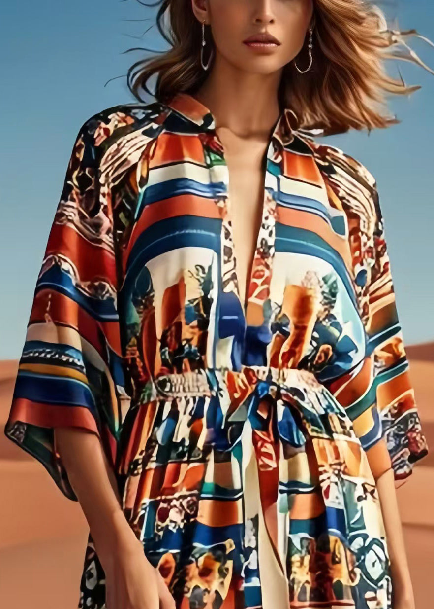 Brown Cinched Print Silk Beach Dress Summer