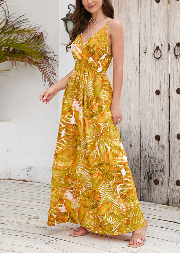 Yellow Green Print Cotton Spaghetti Strap Dress Summer