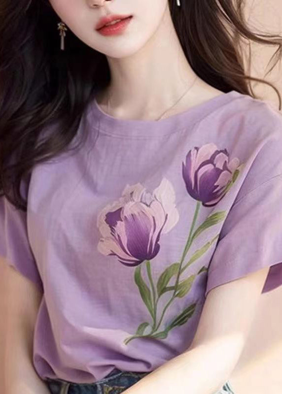 Purple O Neck Print Cotton T Shirt Short Sleeve