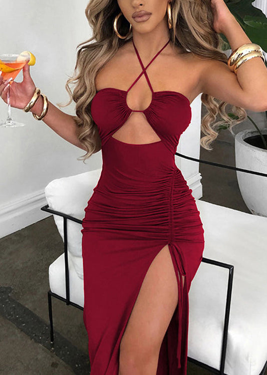 Hot Girl Mulberry Side Open Cinched Hanging Neck Long Skirt