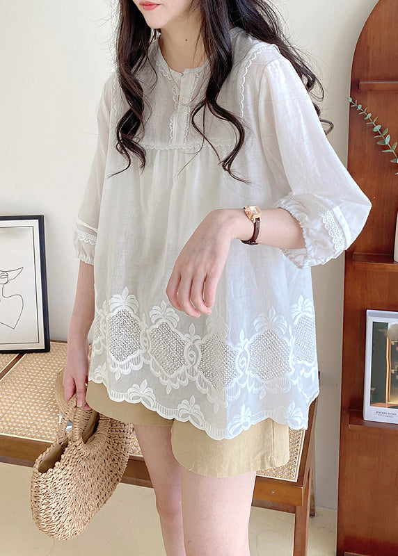 Style Apricot O-neck Lace Patchwork Hollow Out Shirt Half Sleeve