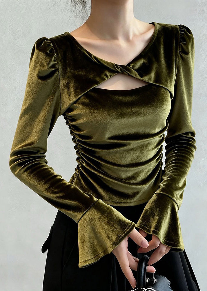 Green Wrinkled Hollow Out Silk Velour T Shirt Flare Sleeve