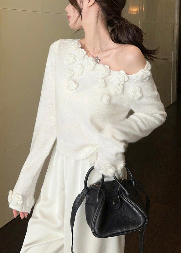 Stylish White Cold Shoulder Knit Sweater Winter