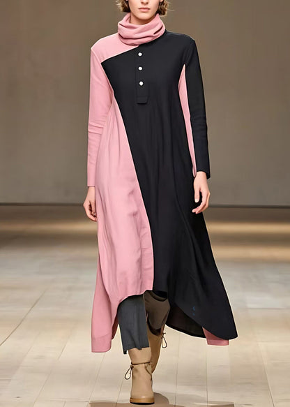 Colorblock Turtleneck Patchwork Button Long Dress Fall