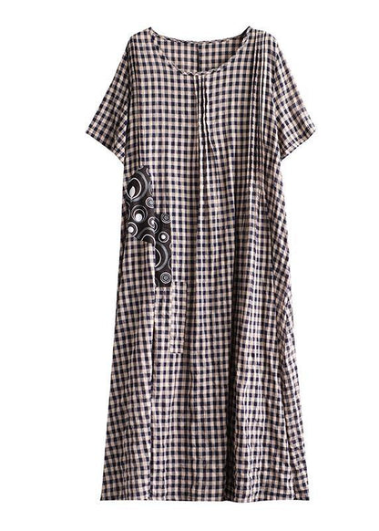 Red Plaid Linen Dresses Summer Long Cotton Dress Maxi Gown