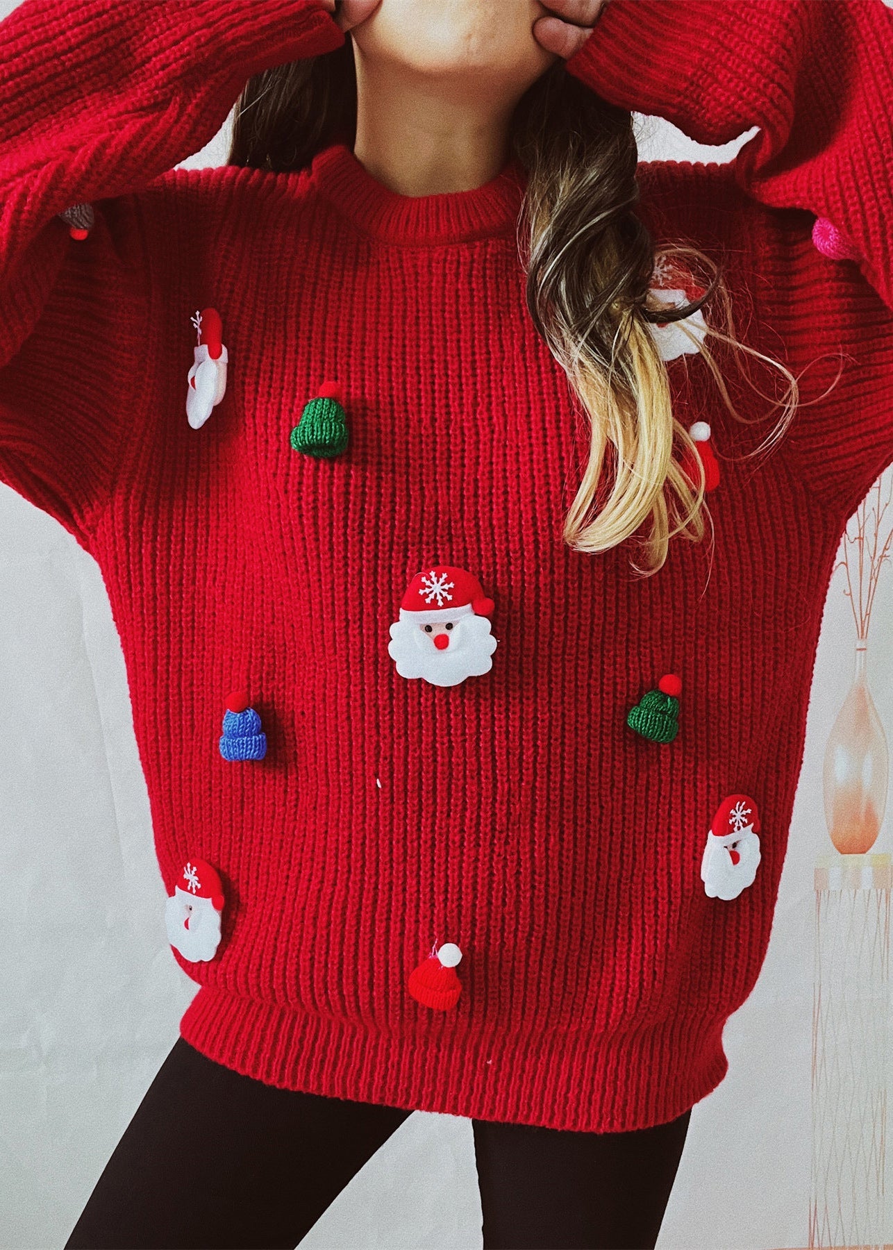 New Red O-neck Christmas Decorated Knit Sweater Winter