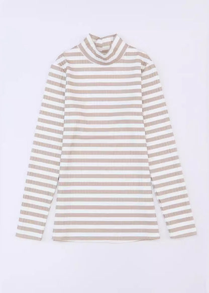 Khaki O Neck Striped Slim Fit Knit Top Fall