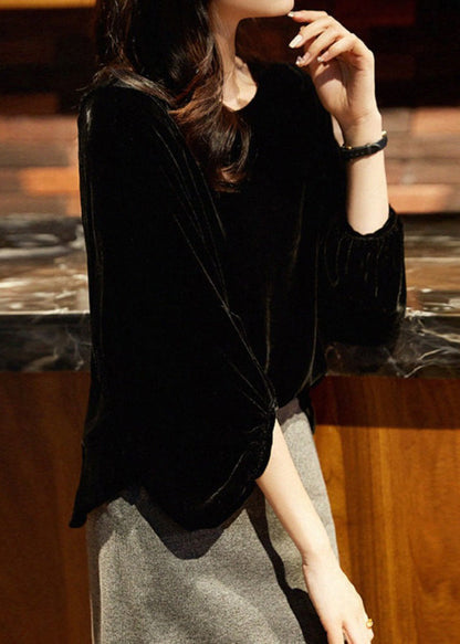 Style Versatile Black O Neck Velour Blouse Top Lantern Sleeve