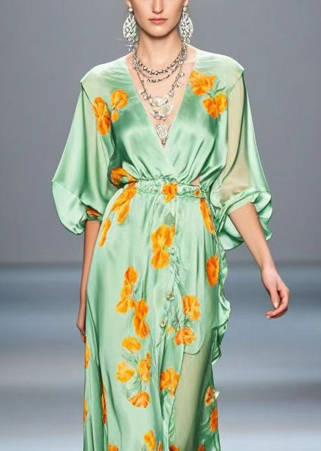 Light Green Ruffled Print Silk Long Dress Fall
