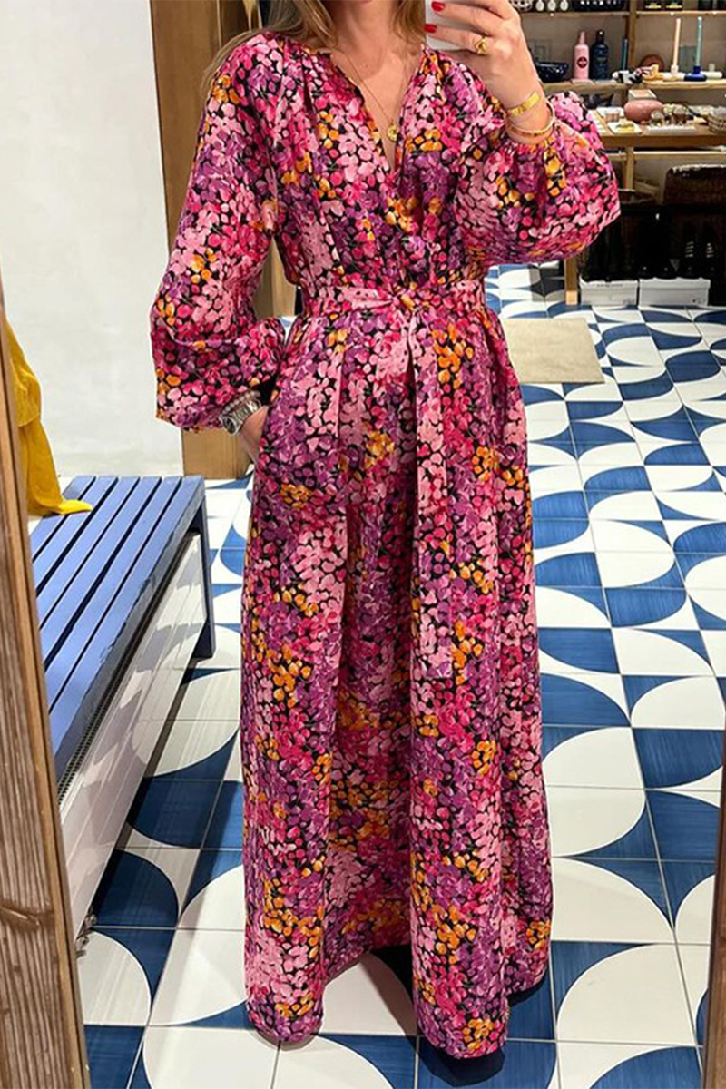 Print Contrast V Neck a Line Dresses