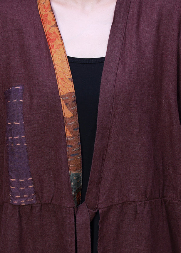 Handmade Purple V Neck Embroideried Patchwork Tie Waist Linen Cardigans Half Sleeve