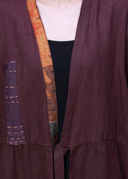 Handmade Purple V Neck Embroideried Patchwork Tie Waist Linen Cardigans Half Sleeve