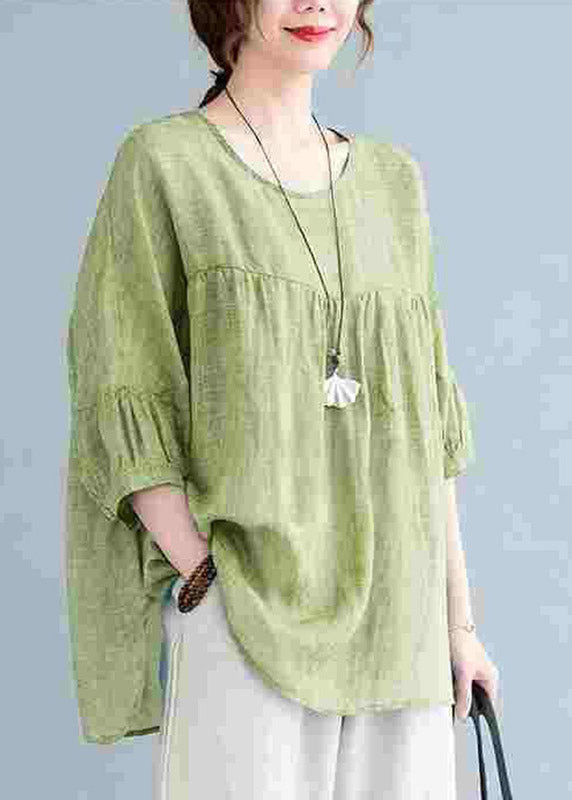 Green O-neck Patchwork Wrinkled Top Half Sleeve