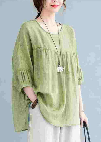 Green O-neck Patchwork Wrinkled Top Half Sleeve