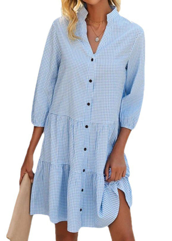 Blue V Neck Plaid Button Cotton Mid Dress Summer