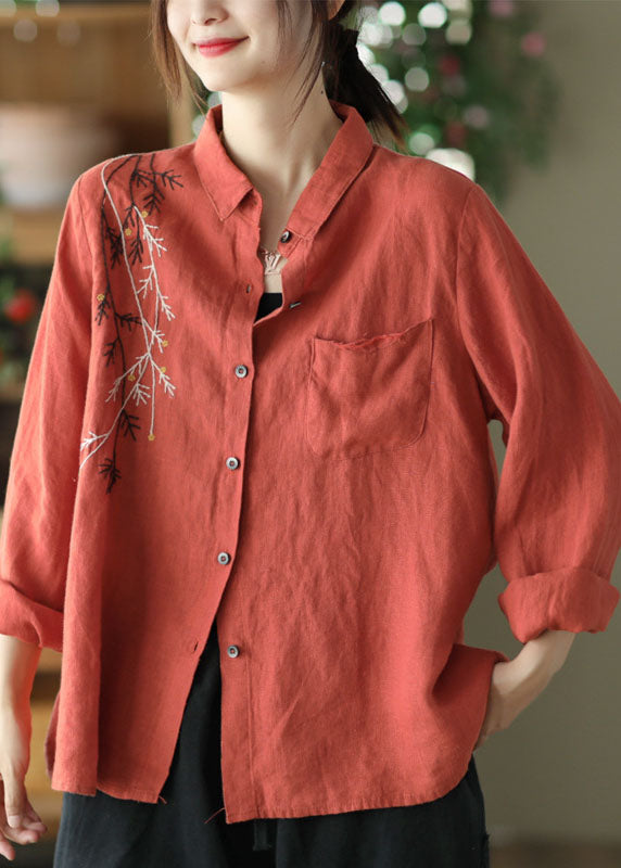 Red Peter Pan Collar Patchwork Linen Blouses Spring