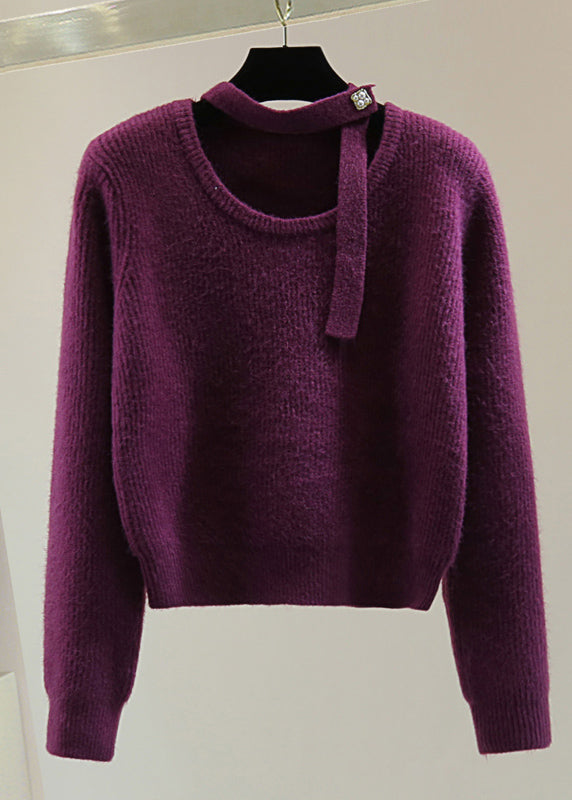 Purple O-neck Cozy Cotton Knit Sweaters Winter