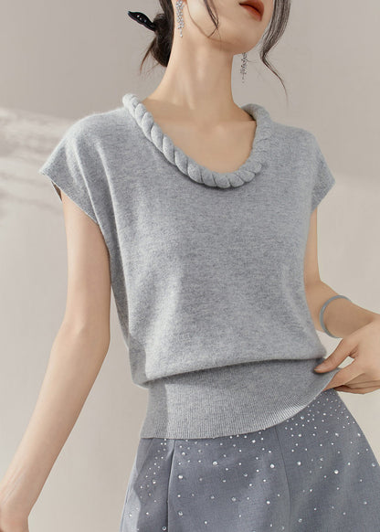 Simple Grey O Neck Cable Knit Sweater Summer