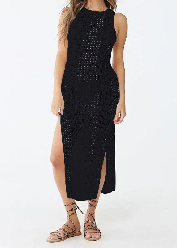 New Apricot O Neck Hollow Out Side Open Knit Dress Sleeveless