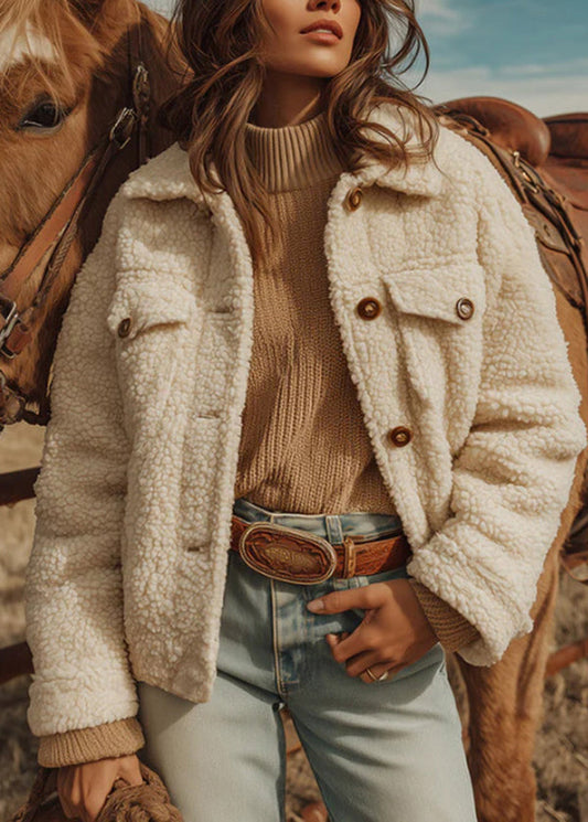New White Peter Pan Collar Button Faux Fur Coat Winter