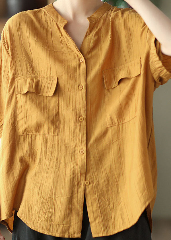 Yellow O Neck Wrinkled Patchwork Cotton Shirt Top Summer