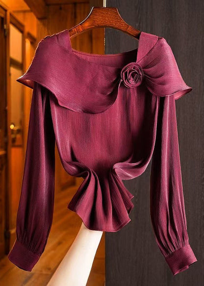 Italian Wine Red Square Collar Chiffon Shirts Fall