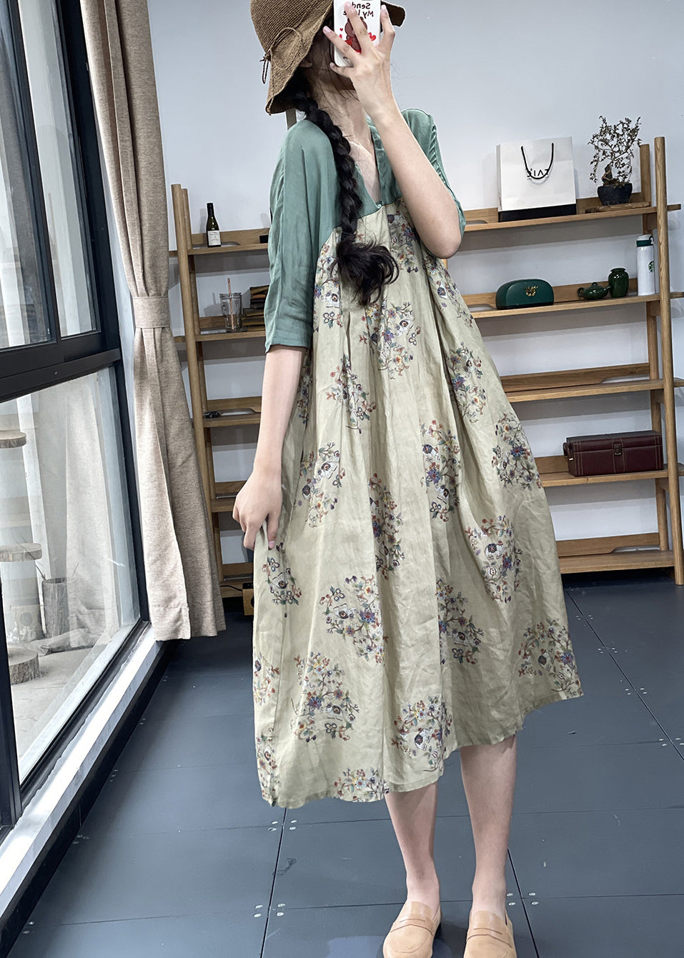 Apricot V Neck Print Patchwork Ramie Linen Dresses Summer