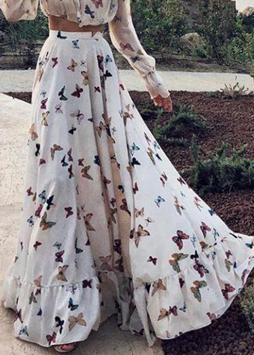 White Butterfly Print Tops and Skirts Cotton Two Pieces Set Spring