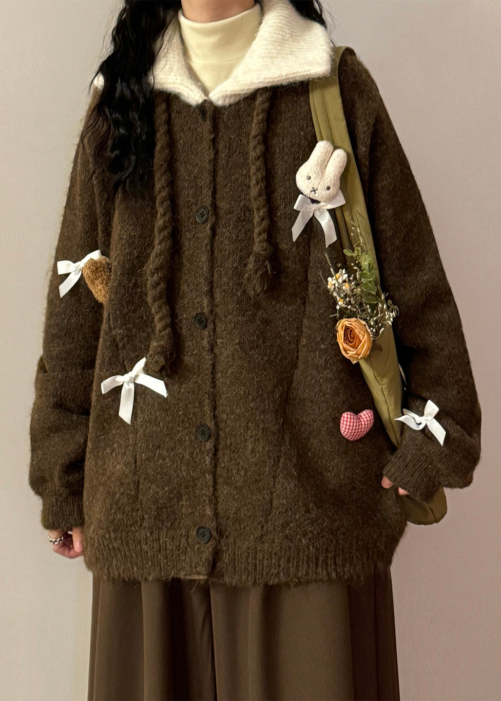 Coffee Peter Pan Collar Button Patchwork Knit Coats
