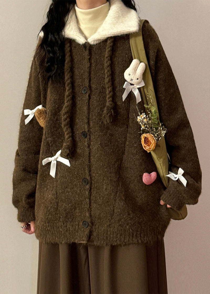 Coffee Peter Pan Collar Button Patchwork Knit Coats