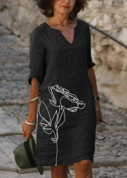 Black V Neck Print Loose Cotton Mid Dresses Summer