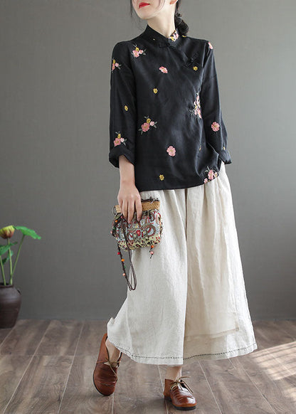 Black Stand Collar Embroidered Linen Shirt Long Sleeve