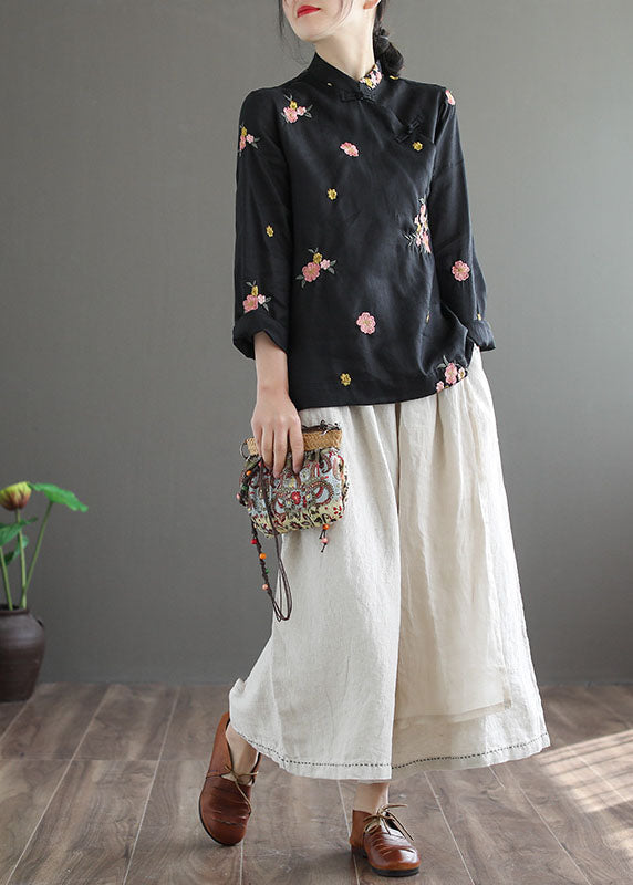 Black Stand Collar Embroidered Linen Shirt Long Sleeve