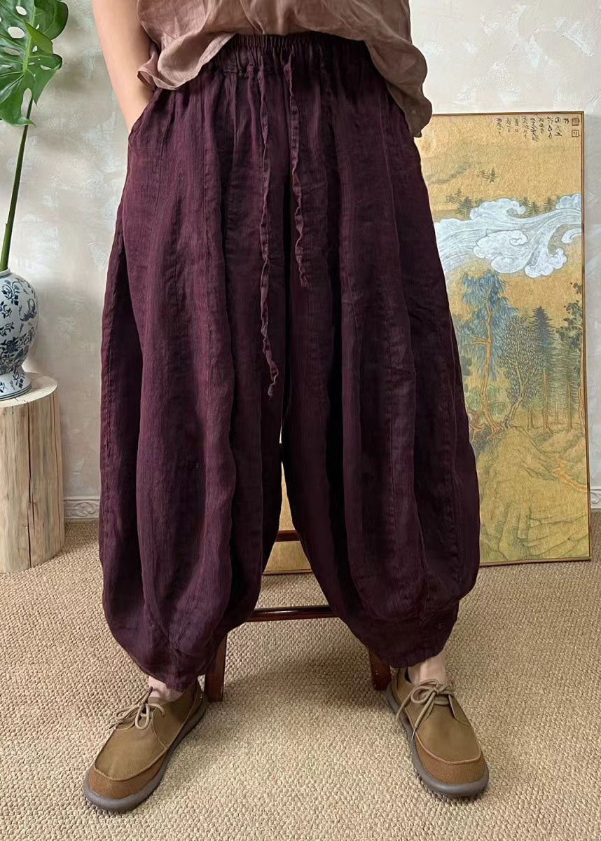 Blackish Green Elastic Waist Linen Lantern Pants Summer