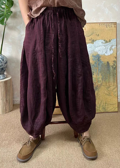Blackish Green Elastic Waist Linen Lantern Pants Summer