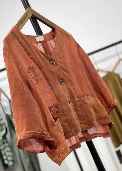 Orange Button Pockets Linen Cardigan Spring
