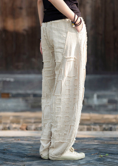 Beige Pockets Patchwork Linen Lantern Pants Fall