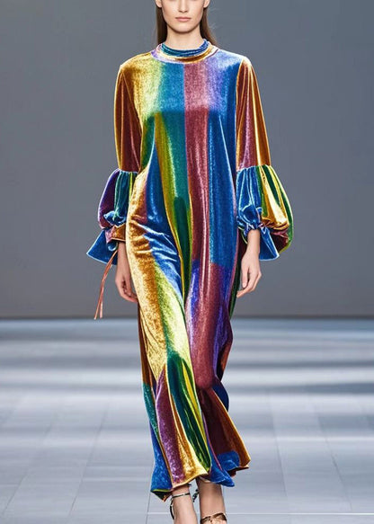 Diy Gradient Color Tie Dye Silk Velvet Long Dress Lantern Sleeve