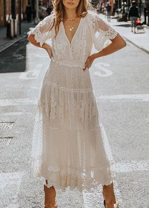 French White V Neck Patchwork Lace Long Dresses Summer