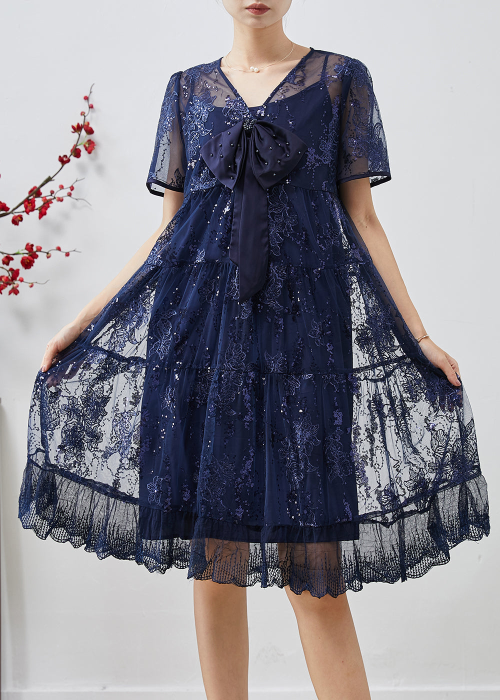 Diy Navy Sequins Embroidered Tulle Bow Dresses Summer
