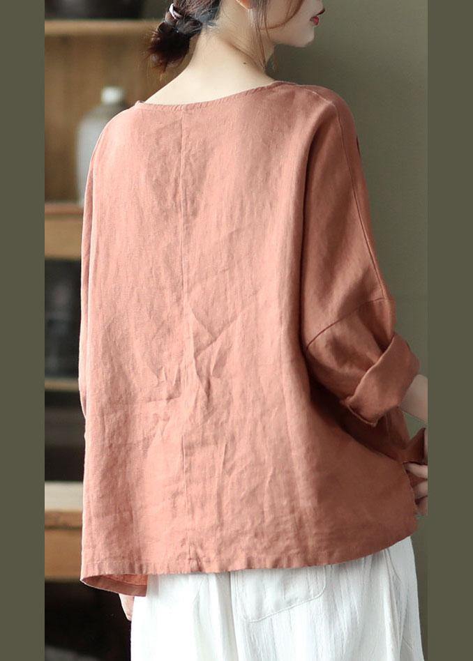 Fine Pink Oriental Retro O-neck Fall Linen Long Sleeve Blouse Tops
