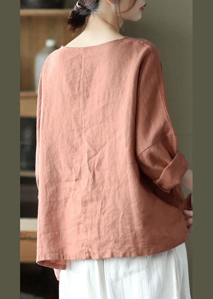 Fine Pink Oriental Retro O-neck Fall Linen Long Sleeve Blouse Tops