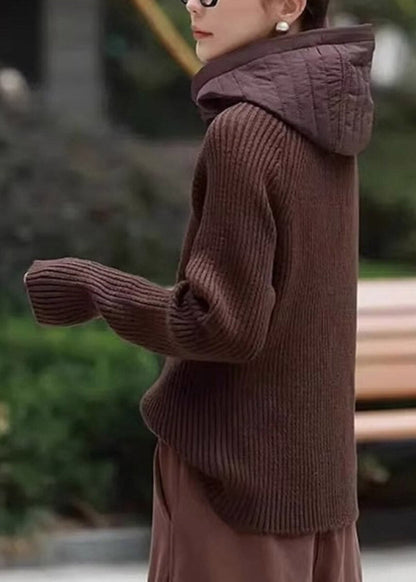 Coffee Zippered Patchwork Hooded Knit Pullover Long Sleeve